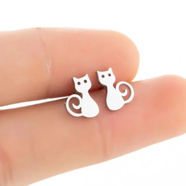 Silver Cat Stud Earrings