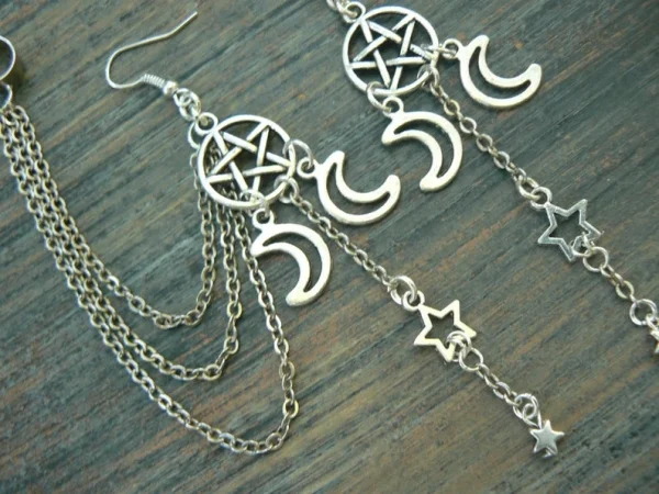 Cercei Wicca, suspendați, cu pentagramă și semilună - imagine 2