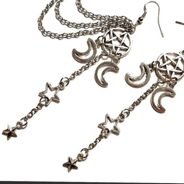 Cercei Wicca, suspendați, cu pentagramă și semilună - imagine 3